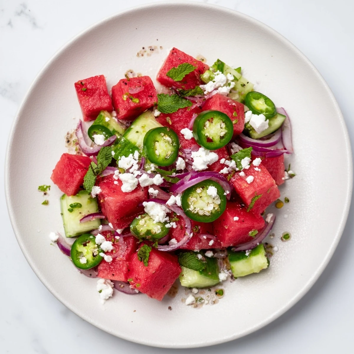 Vibrant Cucumber and Watermelon Hot Girl Salad piled high, glistening with zesty chili-lime dressing.