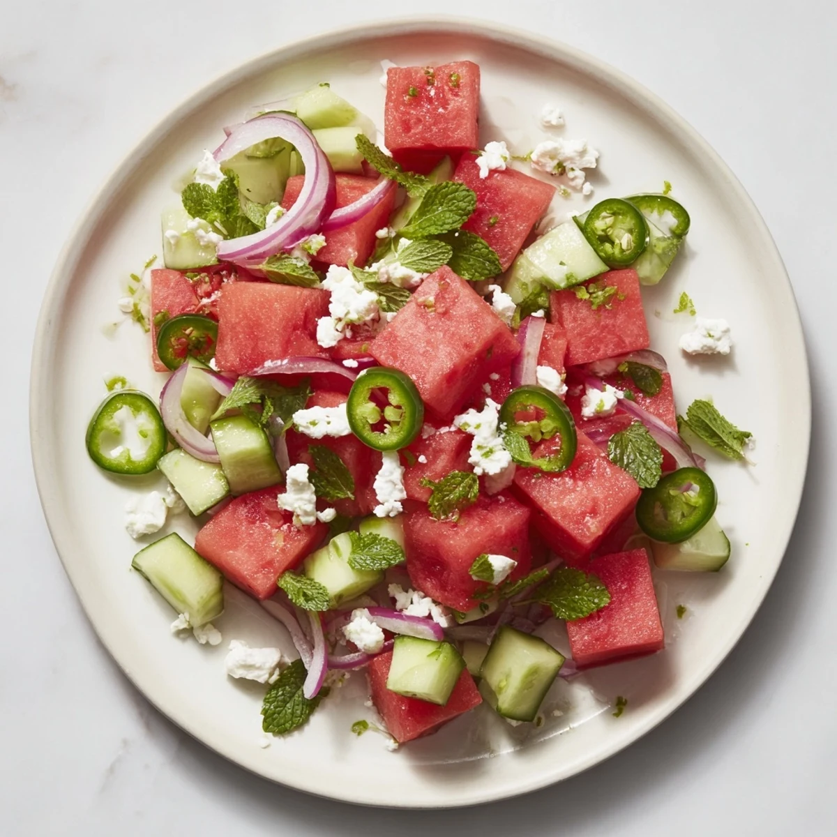 Cool, refreshing Cucumber and Watermelon Hot Girl Salad featuring colorful fresh ingredients and crumbled feta cheese.