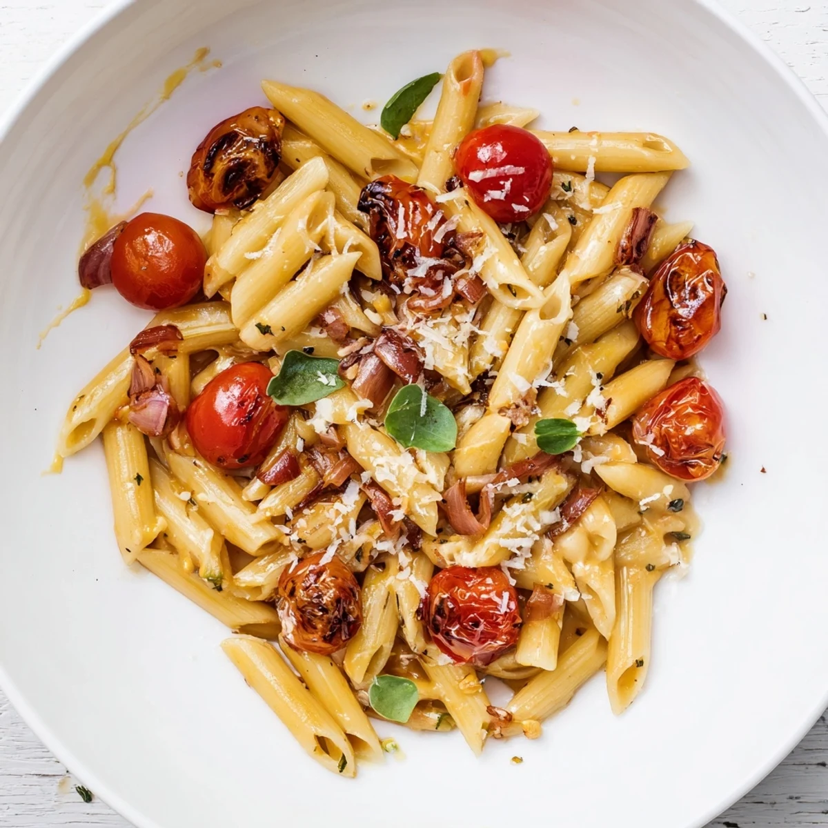 Baked Tomato & Olive Oil Pasta with roasted tomatoes and herbs, perfect dinner presentation.