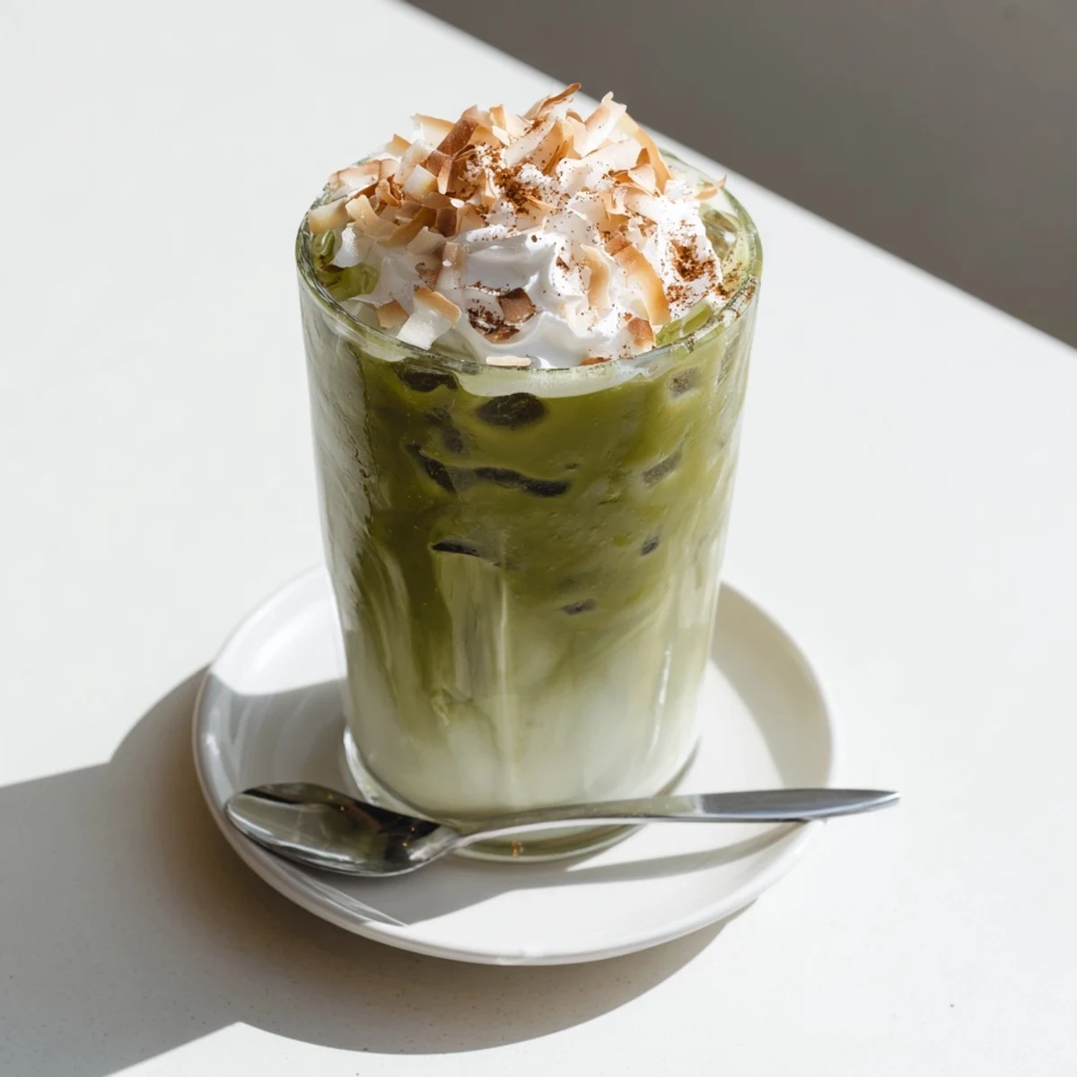 Golden toasted coconut sprinkled atop a refreshing Toasted Coconut Gingerbread Iced Matcha drink.