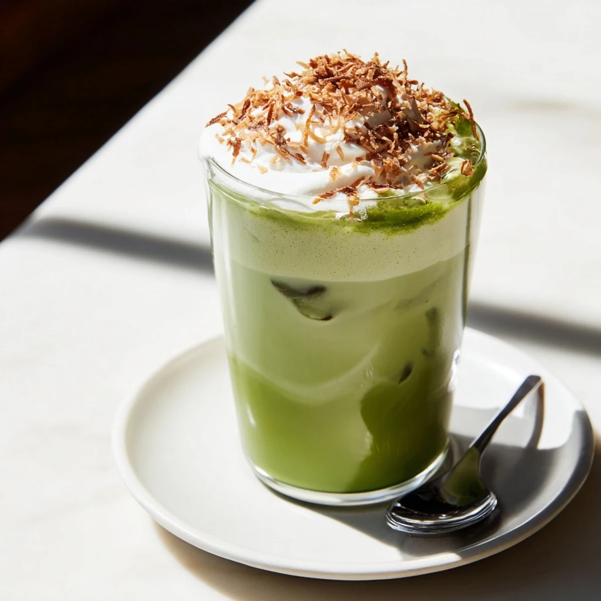 A creamy Toasted Coconut Gingerbread Iced Matcha, garnished with whipped cream and cinnamon.