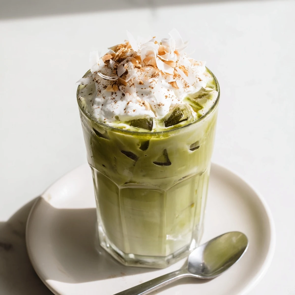 Imagine the warming spice: a beautiful Toasted Coconut Gingerbread Iced Matcha, perfect for the holidays.