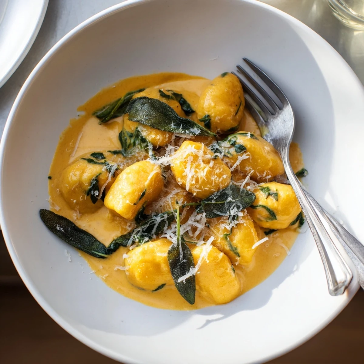 Creamy pumpkin sage gnocchi pasta in a warm, inviting bowl, ready to enjoy this autumn.