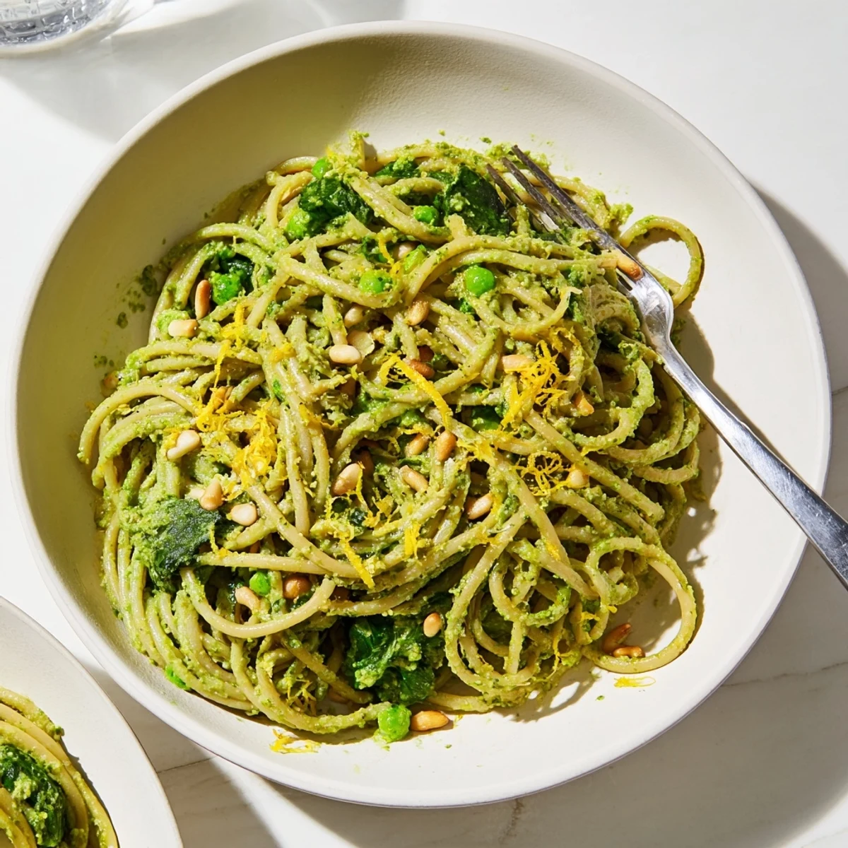 A bowl of vibrant Green Pea & Spinach Elf Green Protein Pasta, topped with lemon zest, ready to be enjoyed.
