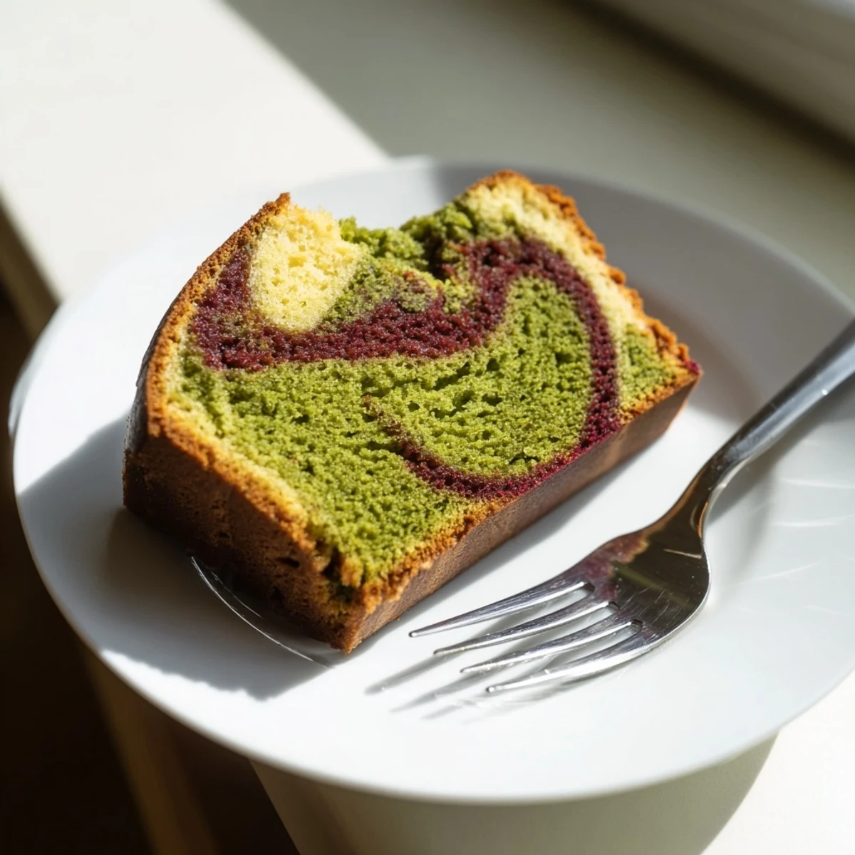 Moist slices of Red & Green Swirl Matcha Marble Pound Cake offer vibrant color and texture.