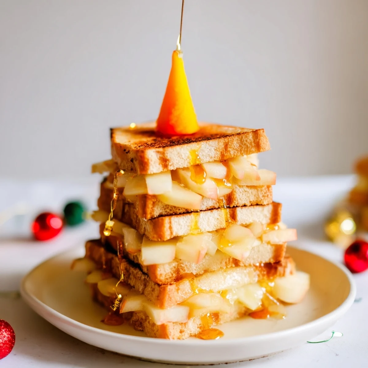 Golden-brown Brie, Apple & Honey Christmas Candle Grilled Cheese, oozing melted cheese and tempting apple slices.