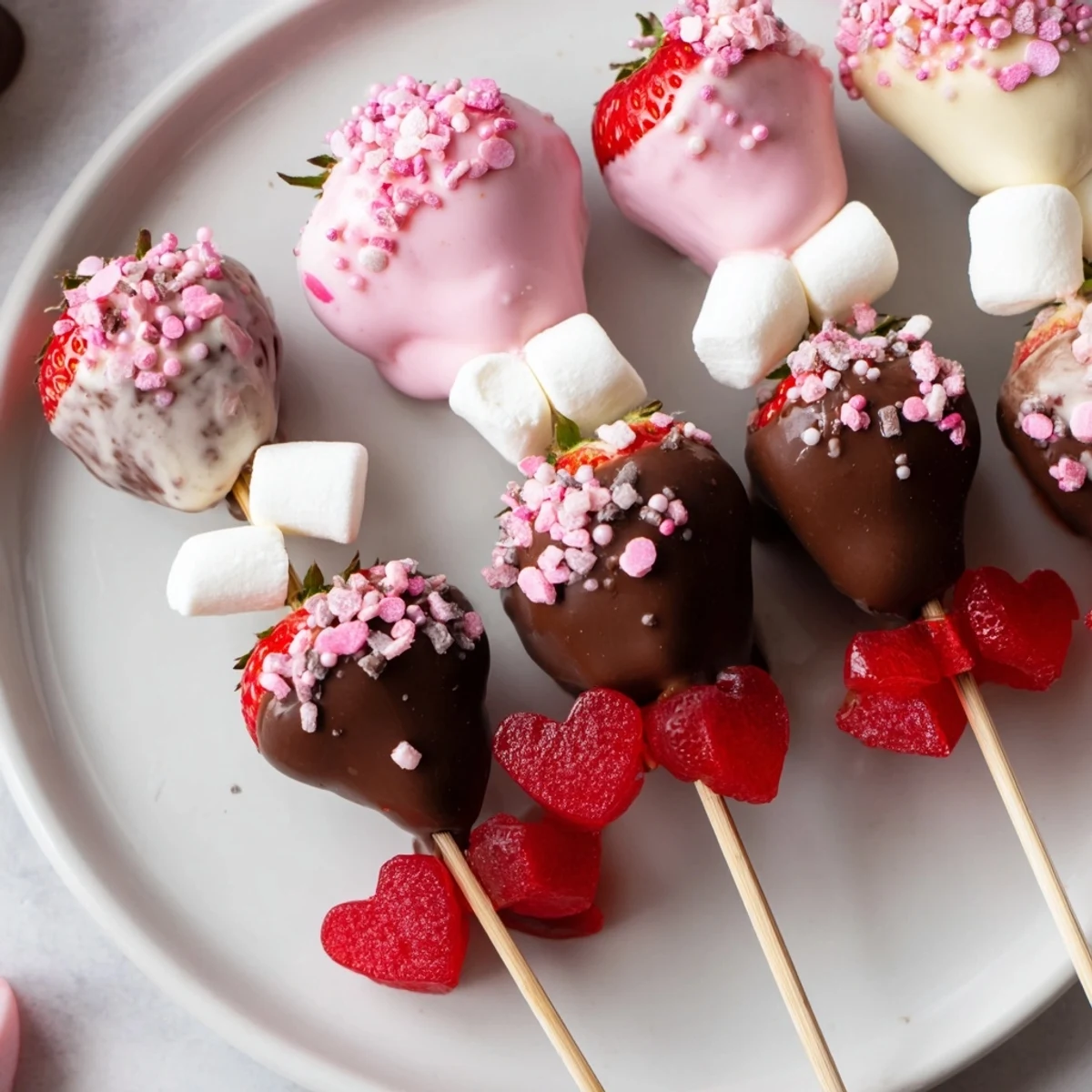 A beautifully arranged Cupid's Arrow Candy Tray, showcasing dipped strawberries and festive gummy hearts.