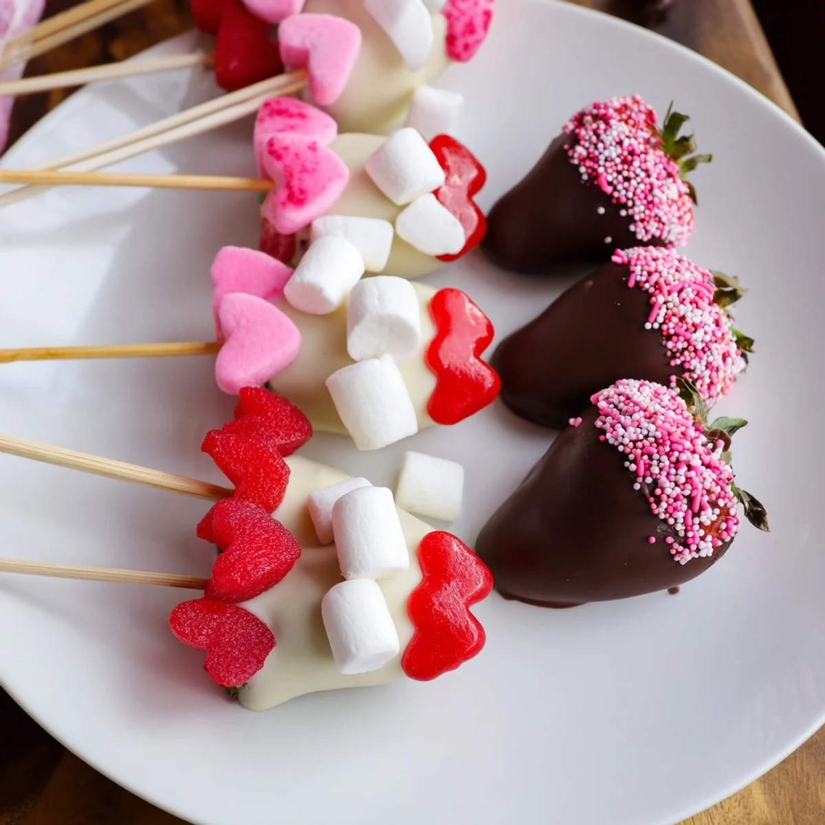 This delightful Cupid's Arrow Candy Tray features chocolate-covered strawberries and colorful candies ready to serve.