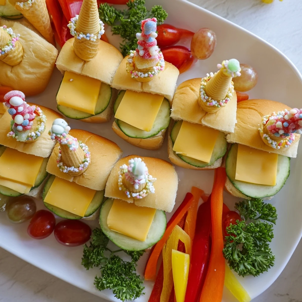 A whimsical Fairy Tale Castle Platter: mini sandwiches and sweet treats make a fun party meal.
