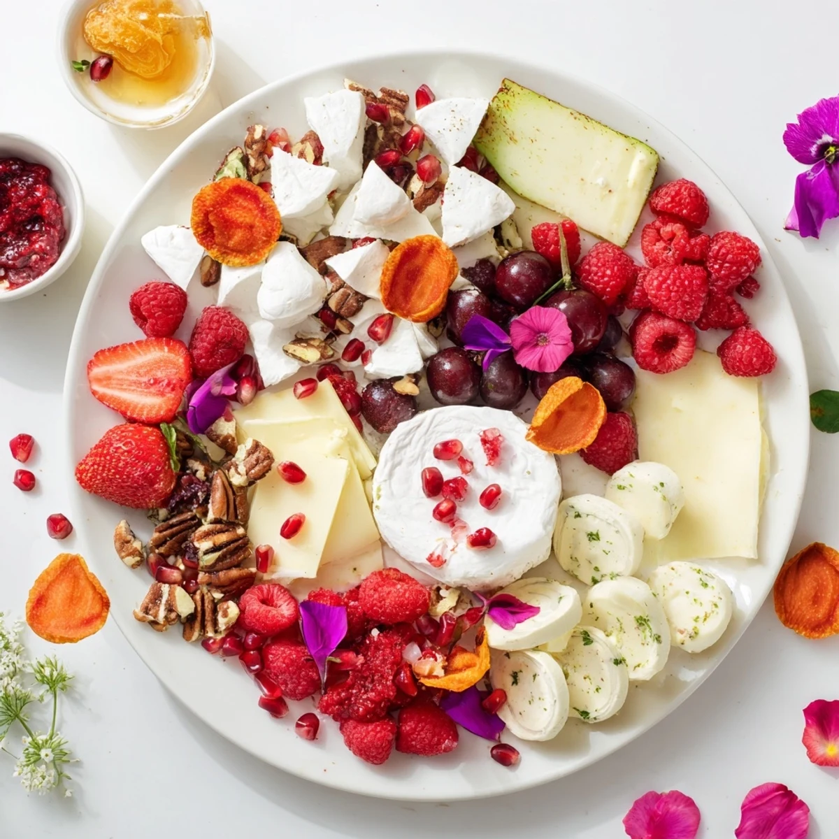 A Rose Garden Romantic Platter with ripe strawberries, creamy brie, and colorful edible flowers.