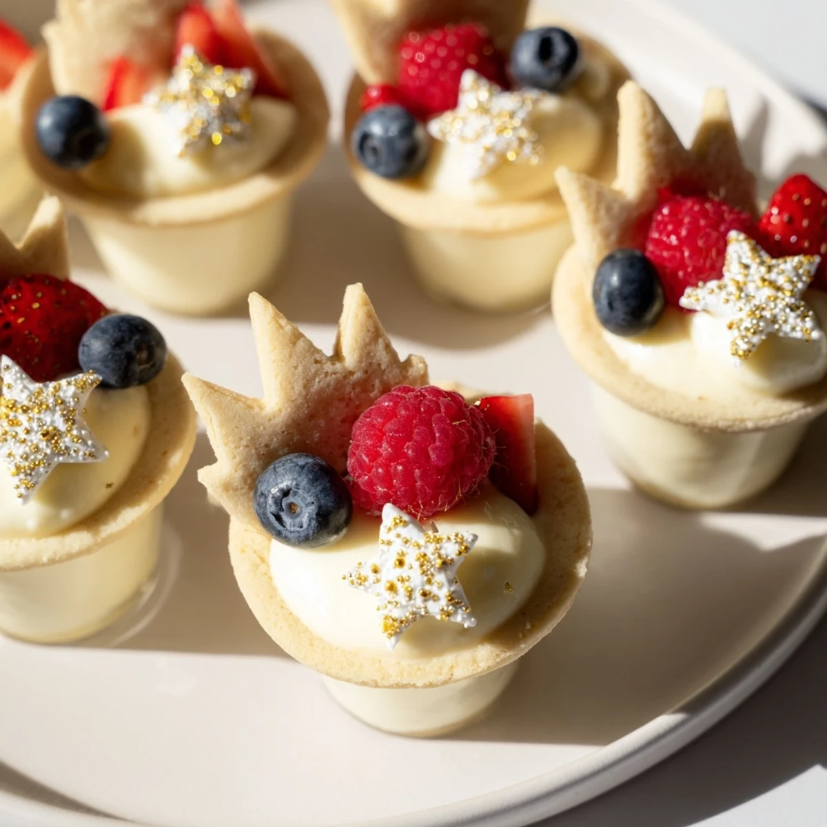 Golden crown-shaped sugar cookies and berry jewels create a festive Princess Crown Dessert Tray.
