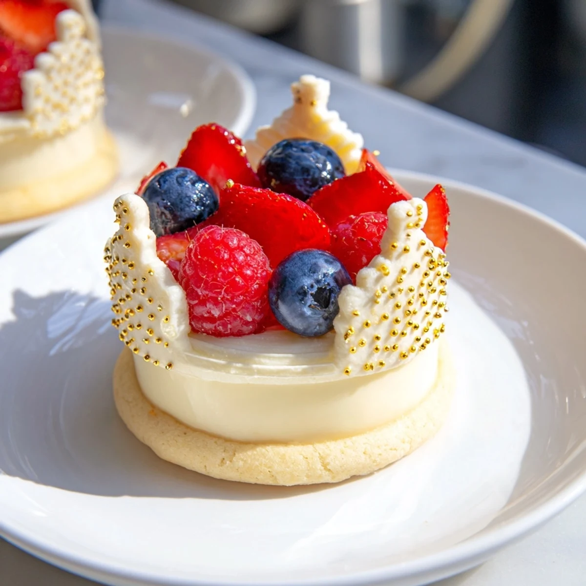 Creamy white chocolate mousse and fresh berries beautifully adorn this Princess Crown Dessert Tray.