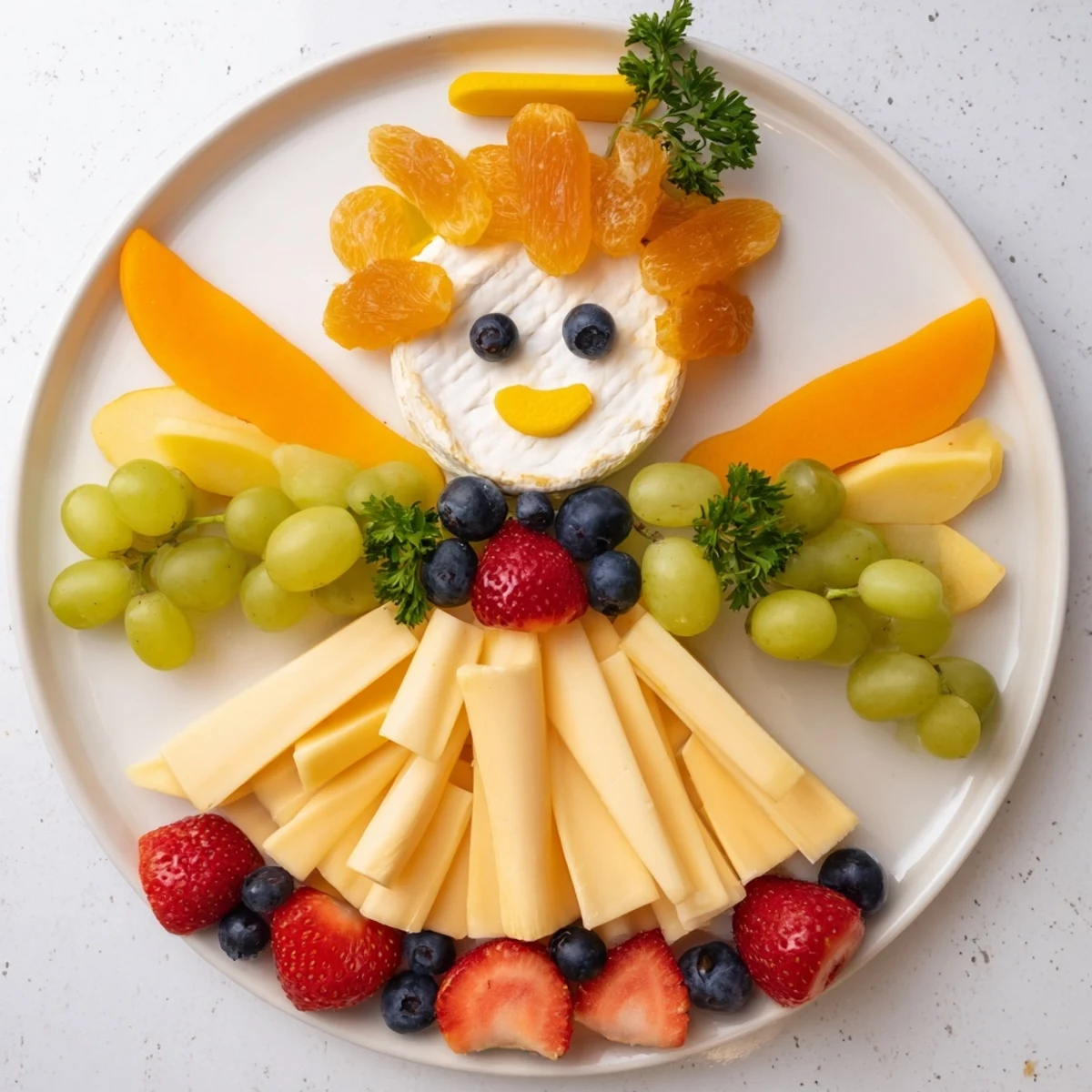 Cherub angel snack tray featuring fresh fruit, cheeses and sweet treats in a whimsical arrangement.