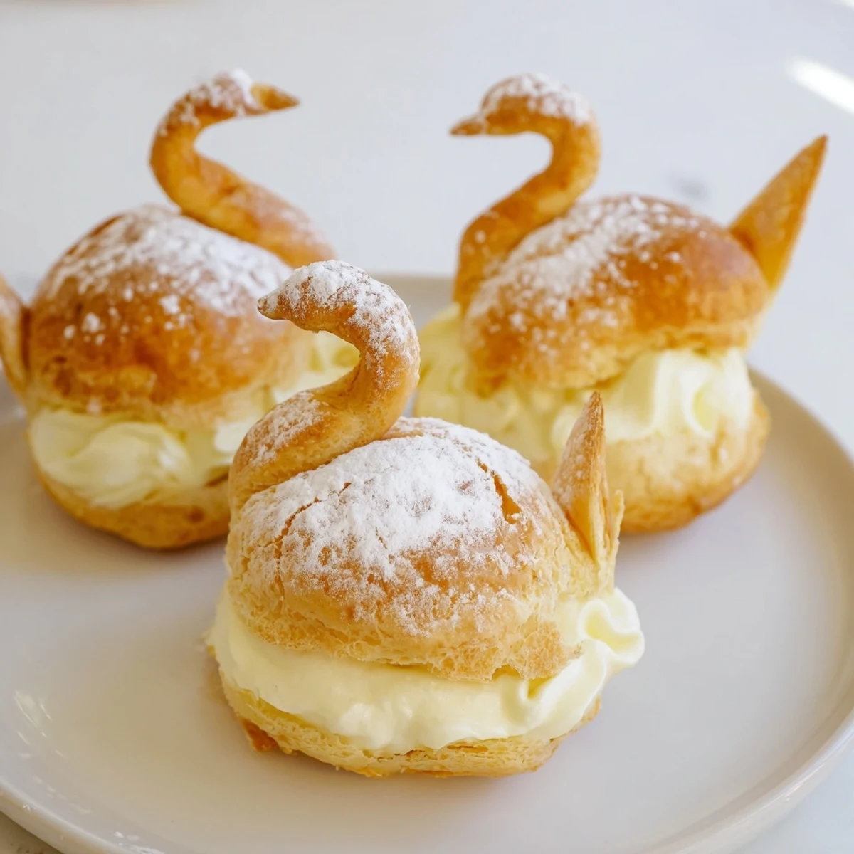 Elegant Feathered Friend Swan Pastry Platter showing delicate swan-shaped cream puffs, dusted, ready to enjoy.