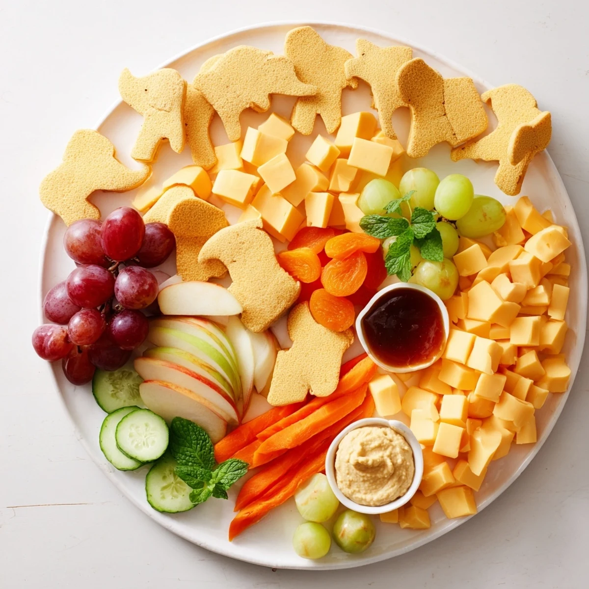 Vibrant Gentle Giant Elephant Cracker Board featuring assorted cheeses, fruits, and creamy dips for a festive snack.