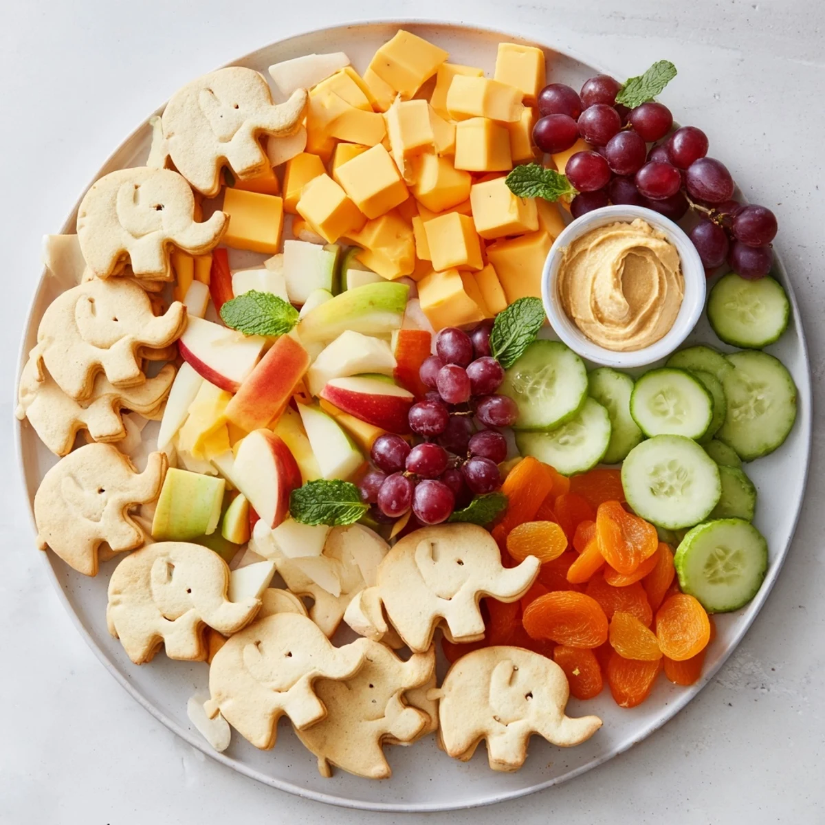 Freshly arranged Gentle Giant Elephant Cracker Board, filled with colorful snacks, ready for serving guests.