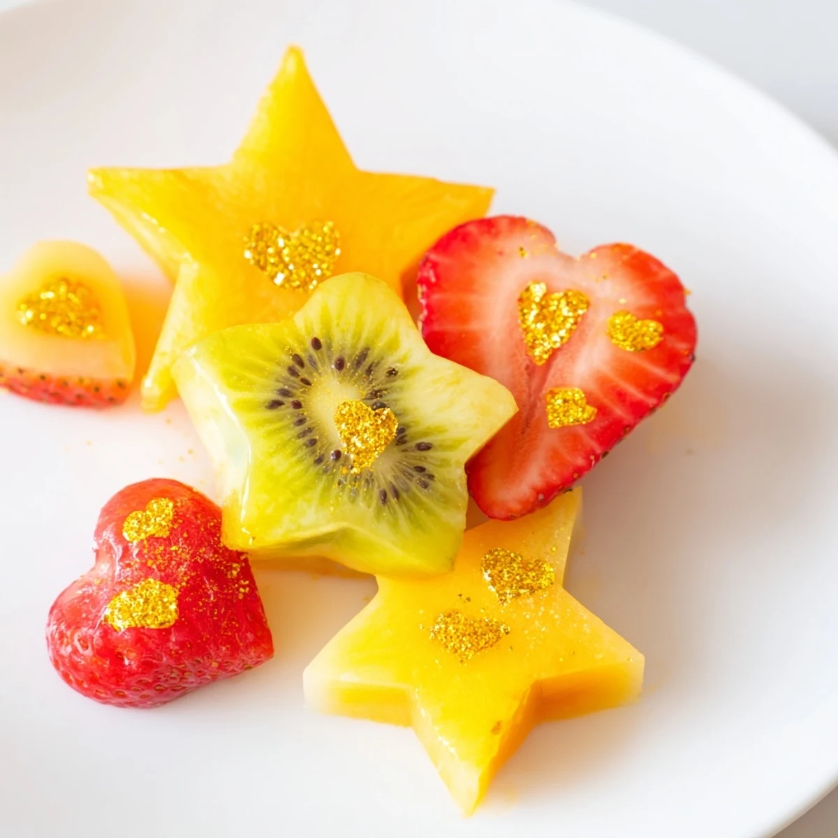 Delicate heart-shaped Midnight Kiss Cocktail garnishes floating atop sparkling champagne flutes, beautiful!