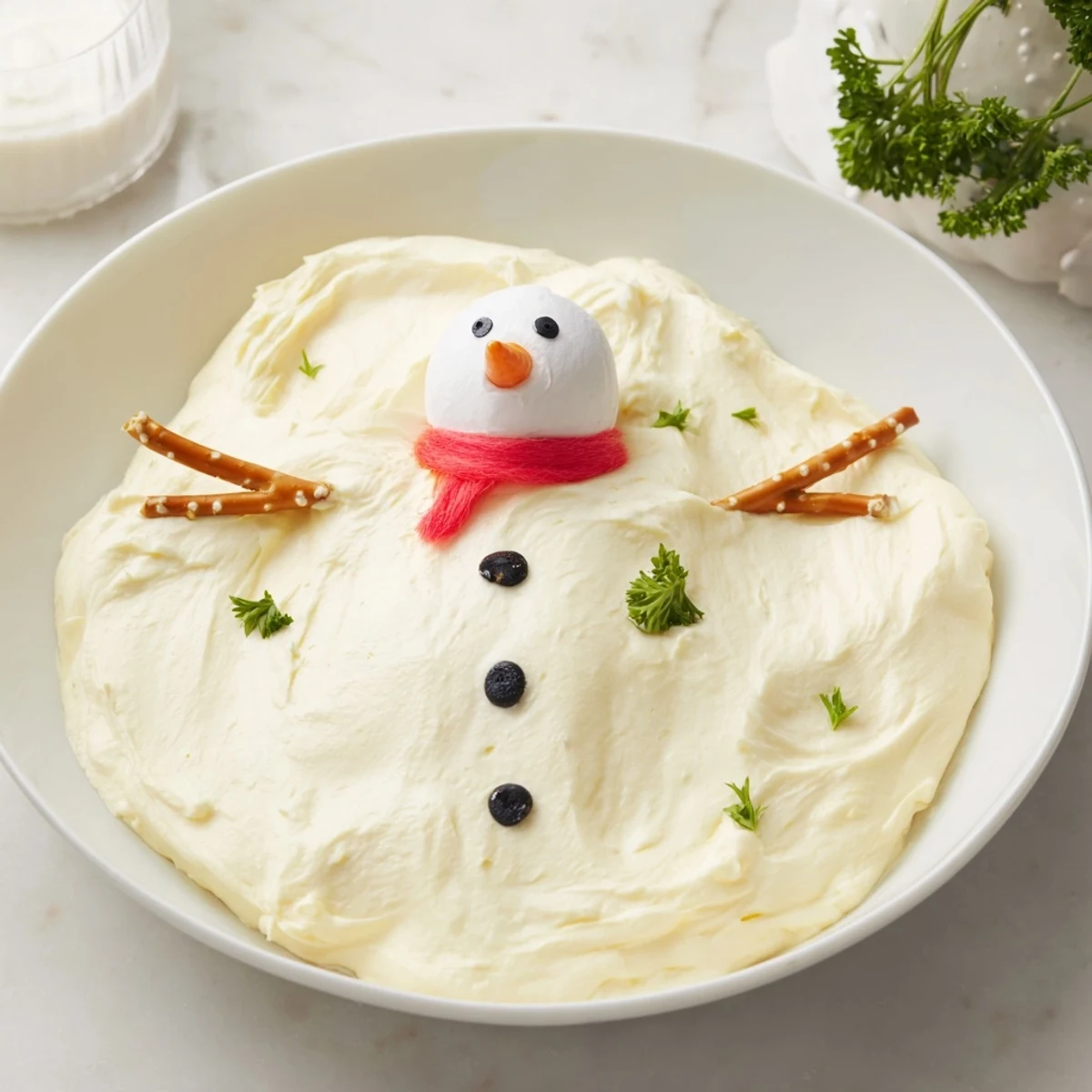 Imagine a smiling Melted Snowman Dip Bowl, with a red pepper scarf and pretzel arms on a bed of crackers.
