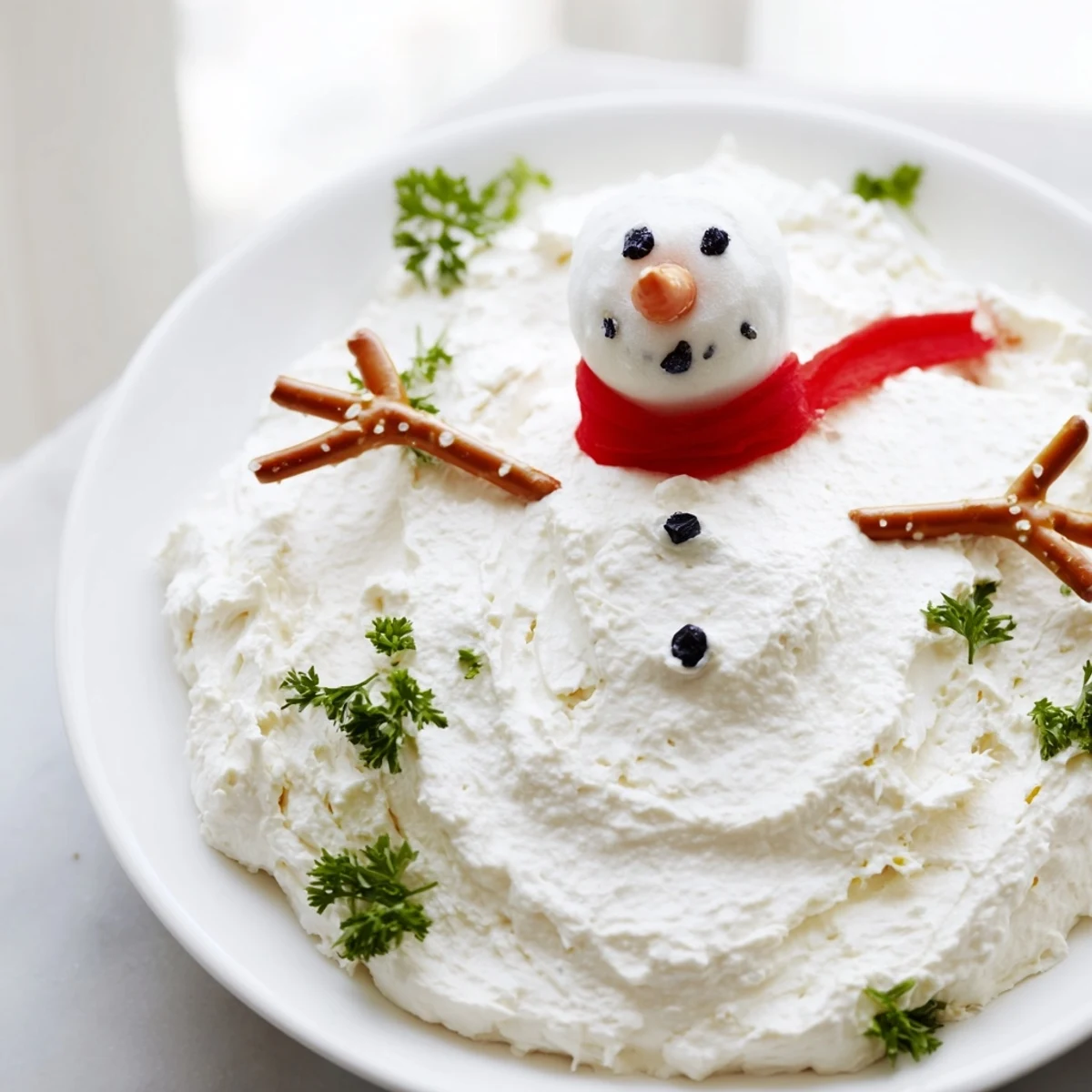 Festive Melted Snowman Dip Bowl, a creamy, cheesy dip perfect for holiday entertaining with carrots.