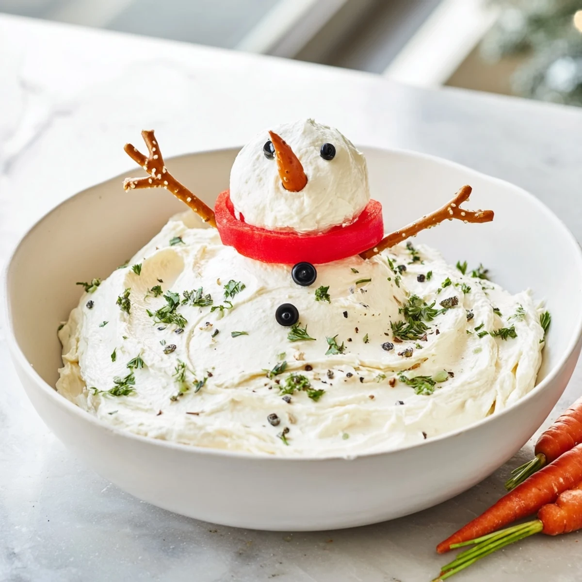 This playful Melted Snowman Dip is a delicious appetizer, with peppercorn eyes and vibrant carrot noses.