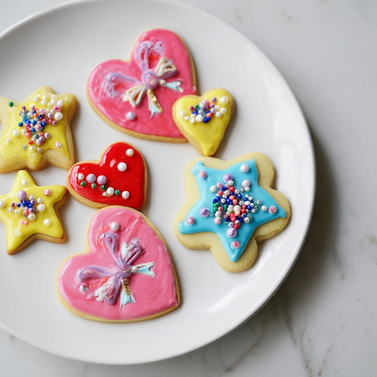 Close-up of freshly decorated Pretty Bows Heart & Star Cookies: Bow-shaped icing adds festive charm to star and heart cookies.