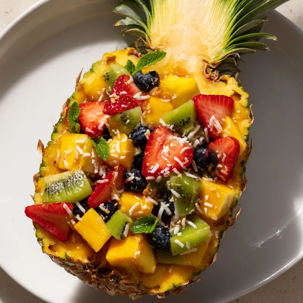 Brightly colored Tropical Bliss Pineapple Fruit Boat overflowing with fresh, vibrant summer fruit.