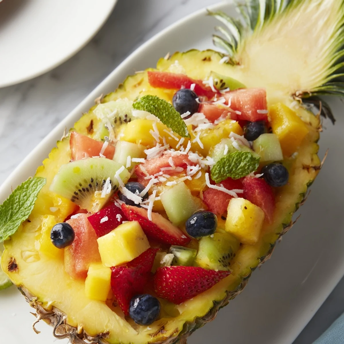 A close-up view of a refreshing Tropical Bliss Pineapple Fruit Boat, ready to be enjoyed.