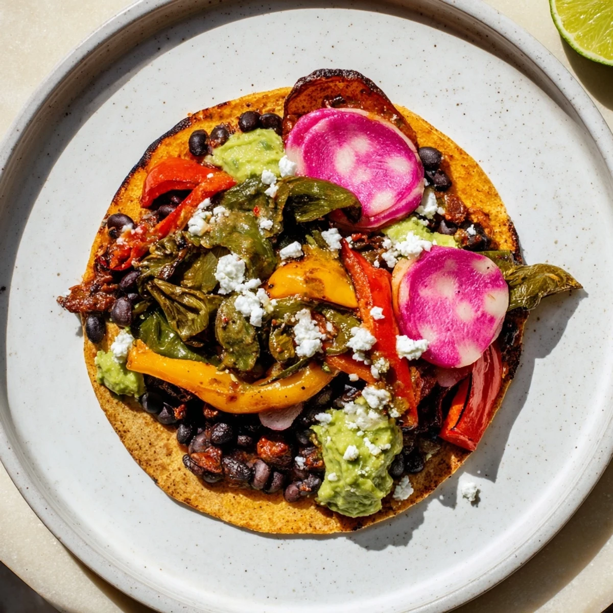 Desert Bloom Cactus Taco Board with colorful roasted vegetables and a zesty salsa spread out.