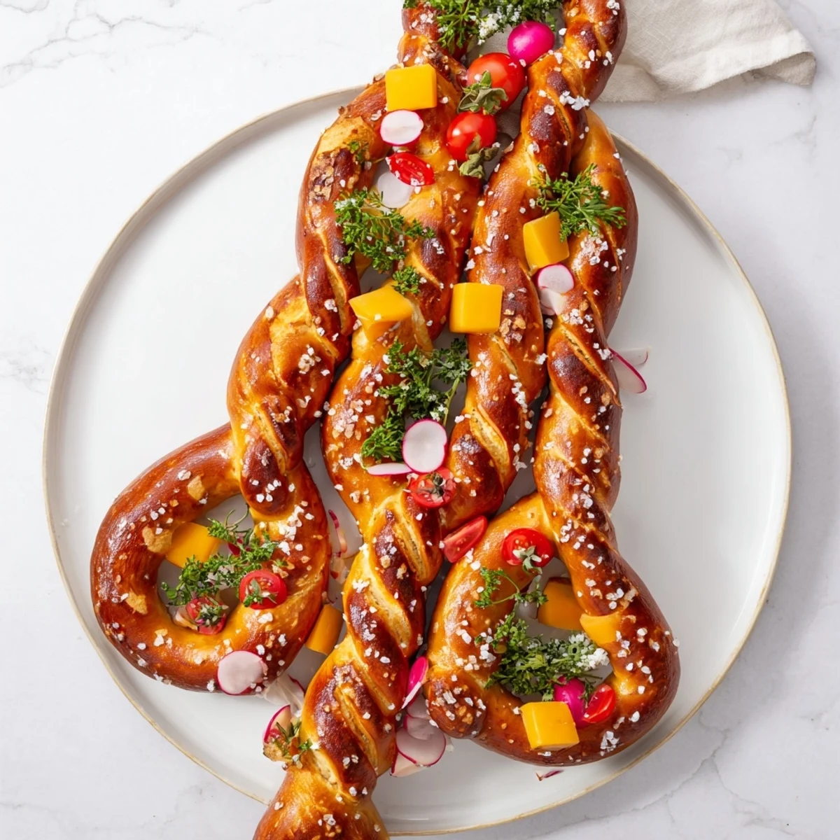 Bretzel Arbre de Vie features golden pretzels artistically arranged with colorful savory bites.