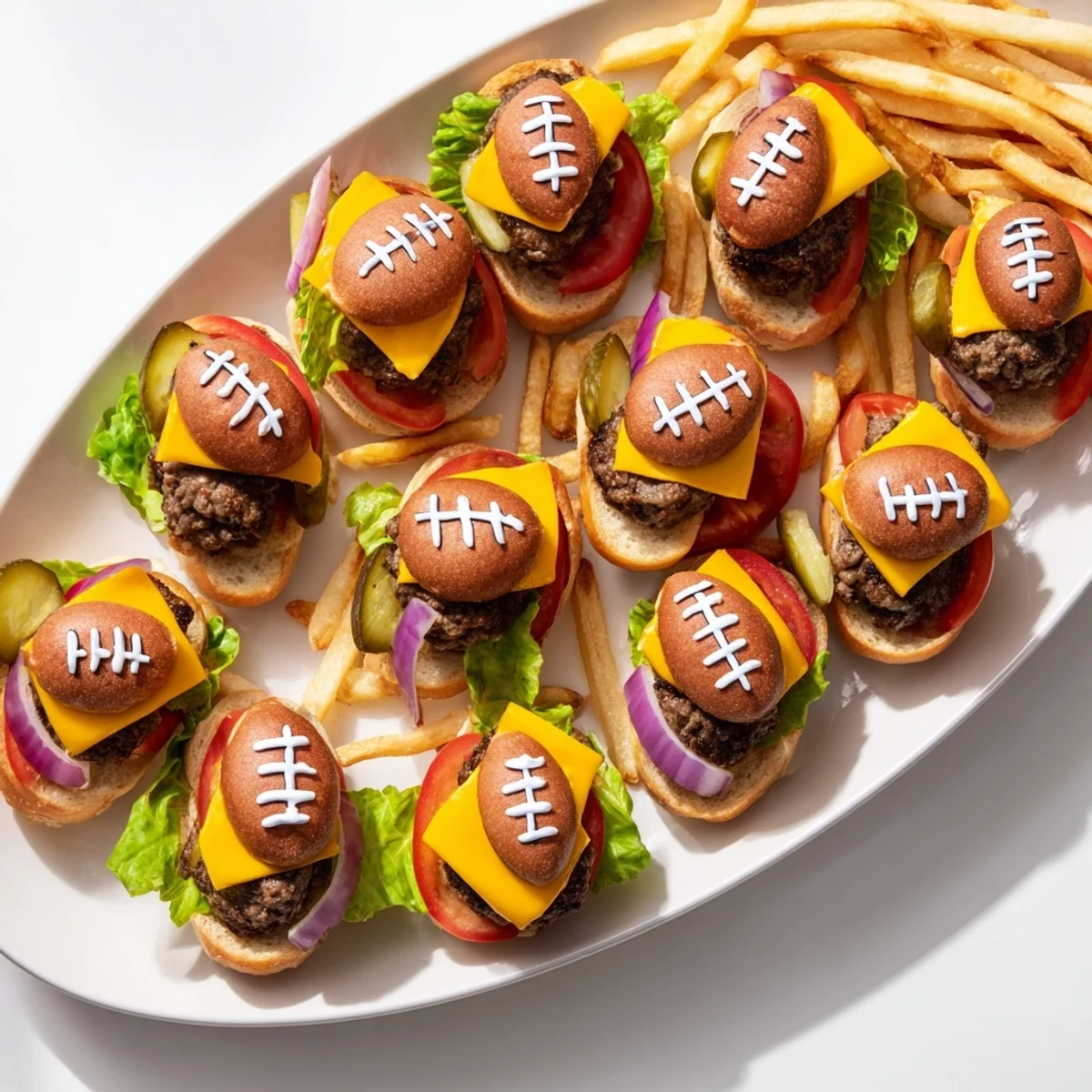 A delicious American Football Oval Burger Platter, featuring juicy mini burgers with melted cheese.