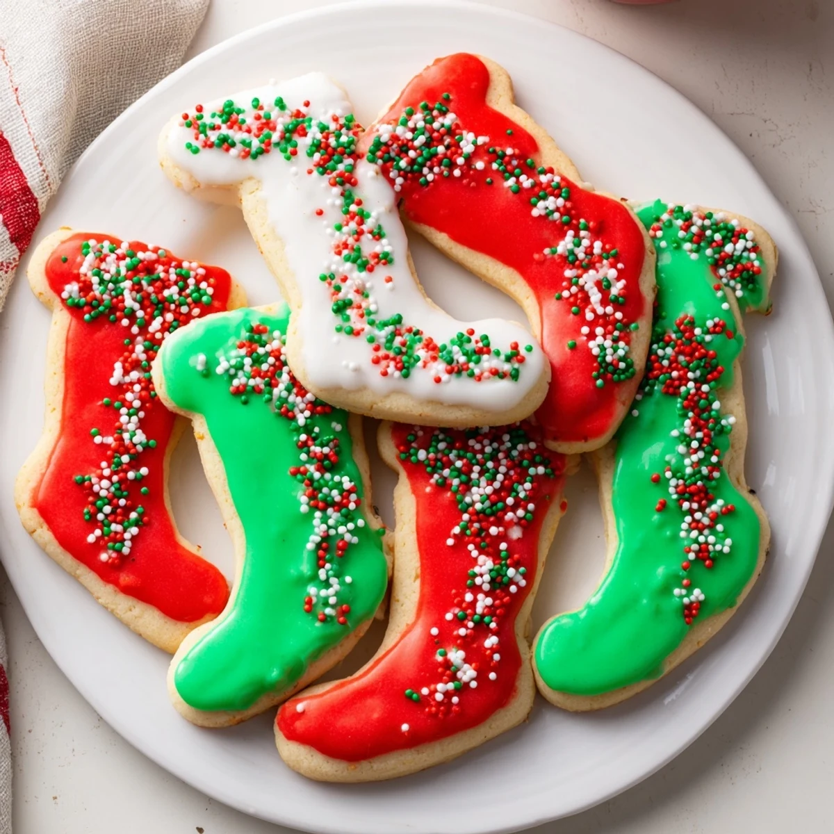 Golden Christmas Boot-Shaped Delights, iced with vibrant red and green, perfect holiday cookie dessert.