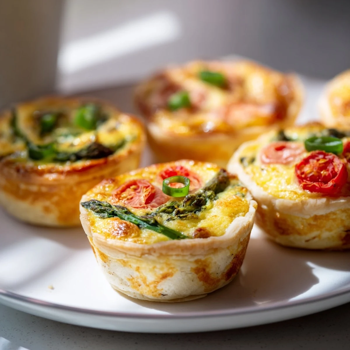 Golden-baked Couronne Florale Mini Quiches with creamy cheese filling and colorful vegetables, ready to enjoy.