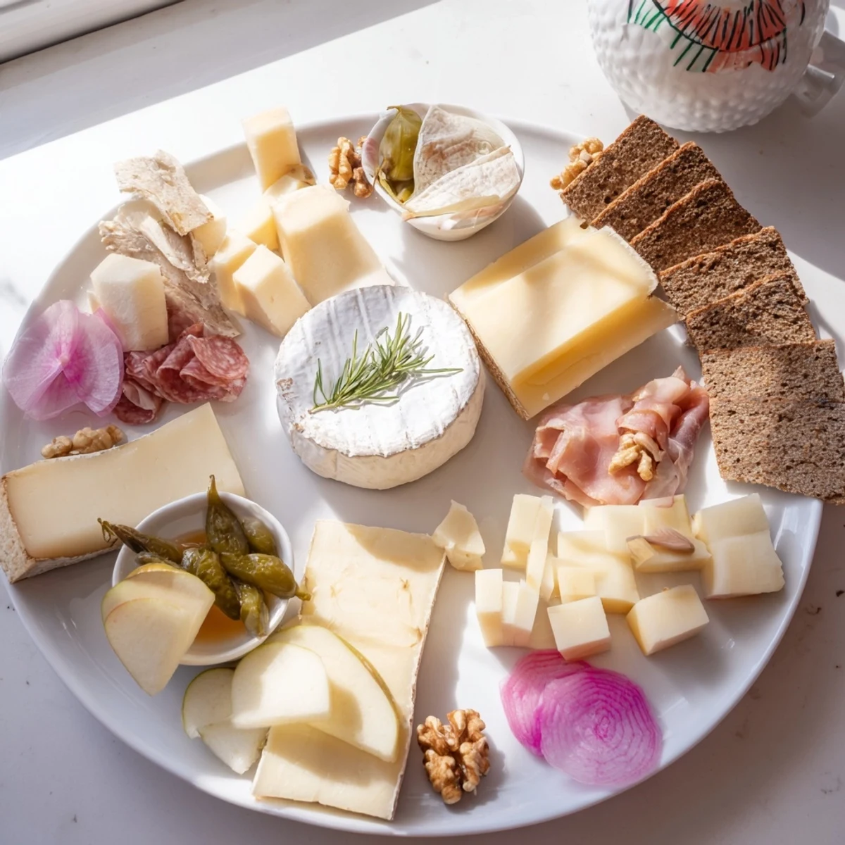 A rustic Winter Mountain Cheese Platter, offering a variety of Alpine cheeses and cured meats.