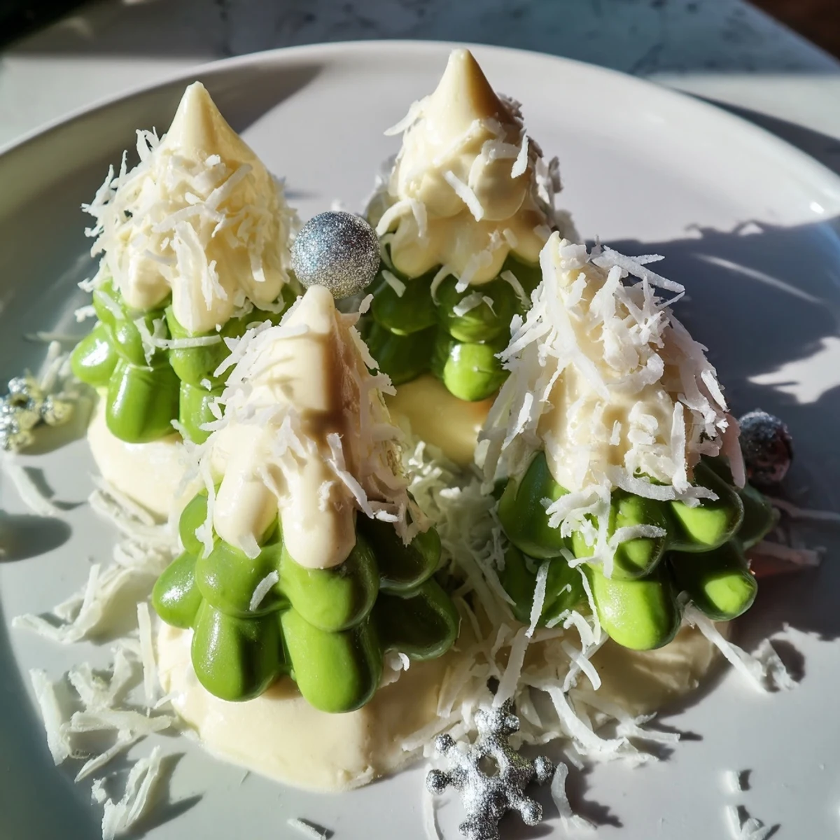 Elegant Table d'Hiver Sapin et Flocons dessert, showcasing snowy white chocolate mousse atop pistachio sponge.