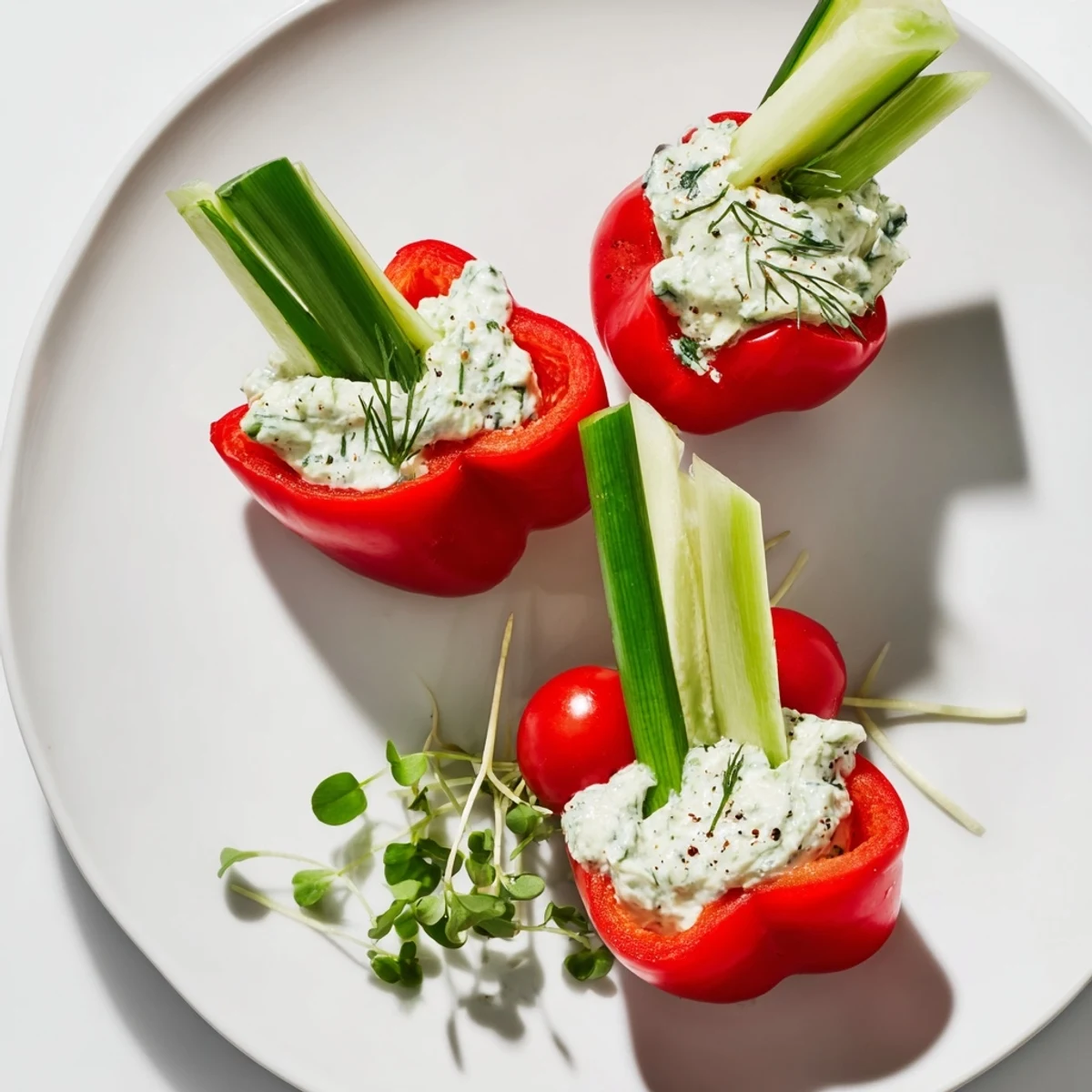 Blooming Tulip Veggie Cups: beautifully arranged bell pepper "tulips" filled with creamy herb cheese, ready to serve.