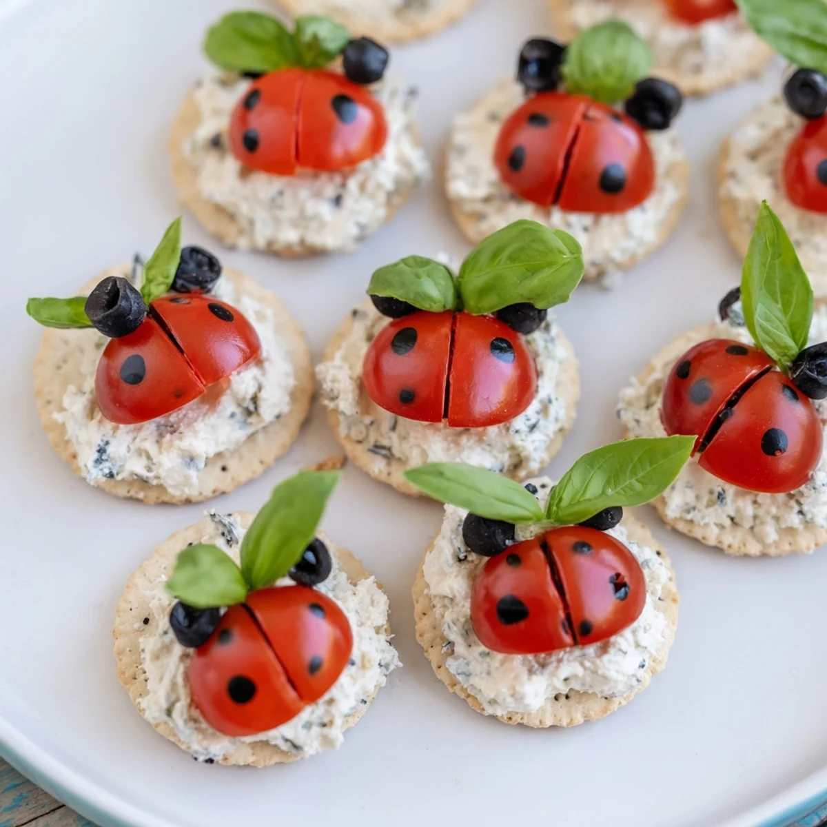 These adorable Ladybug Tomato & Olive Bites feature juicy tomatoes and creamy cheese, ready for serving and eating.