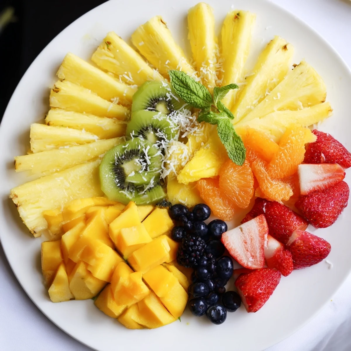 Golden wedges of Tropical Pineapple Sun Fruit Platter, ready to serve with fresh mint garnish.