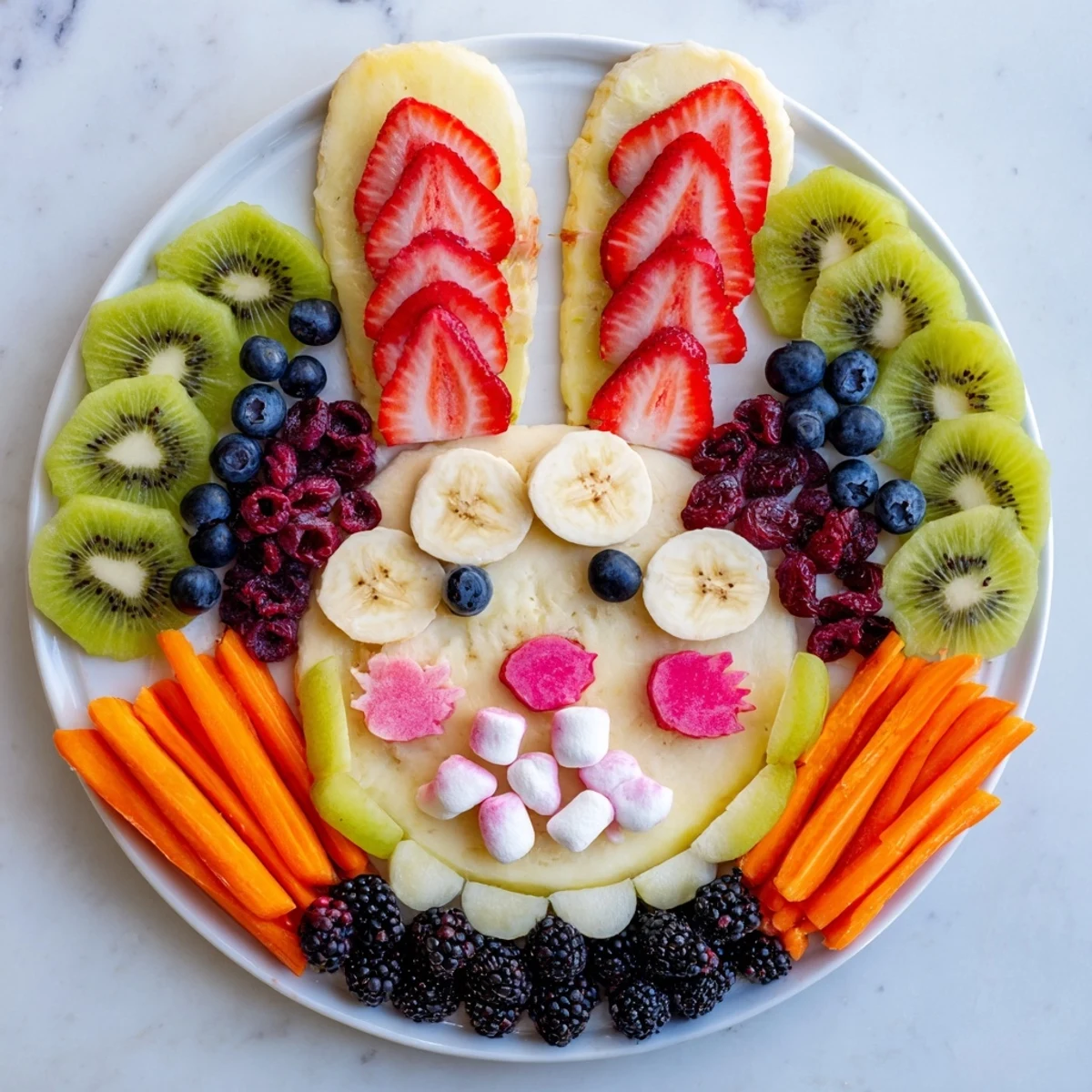 Vibrant Bunny Face Fruit Salad Platter with sweet strawberries, blueberries, and yummy pineapple, ready to serve.