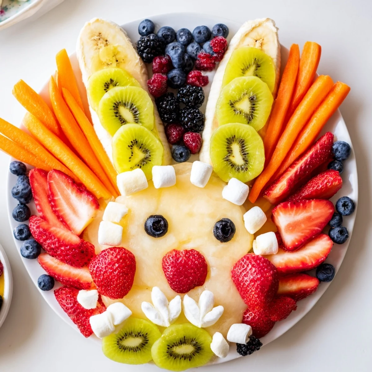 Colorful Easter Bunny Face Fruit Salad arranged with fresh fruit, including kiwi, berries, and sliced bananas.