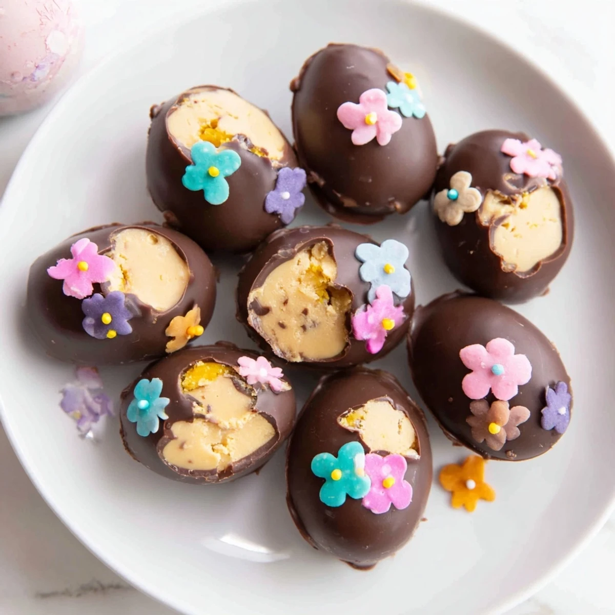 Vibrant Easter candy: Decorated egg candy display with sprinkles and edible decorations, ready to eat!