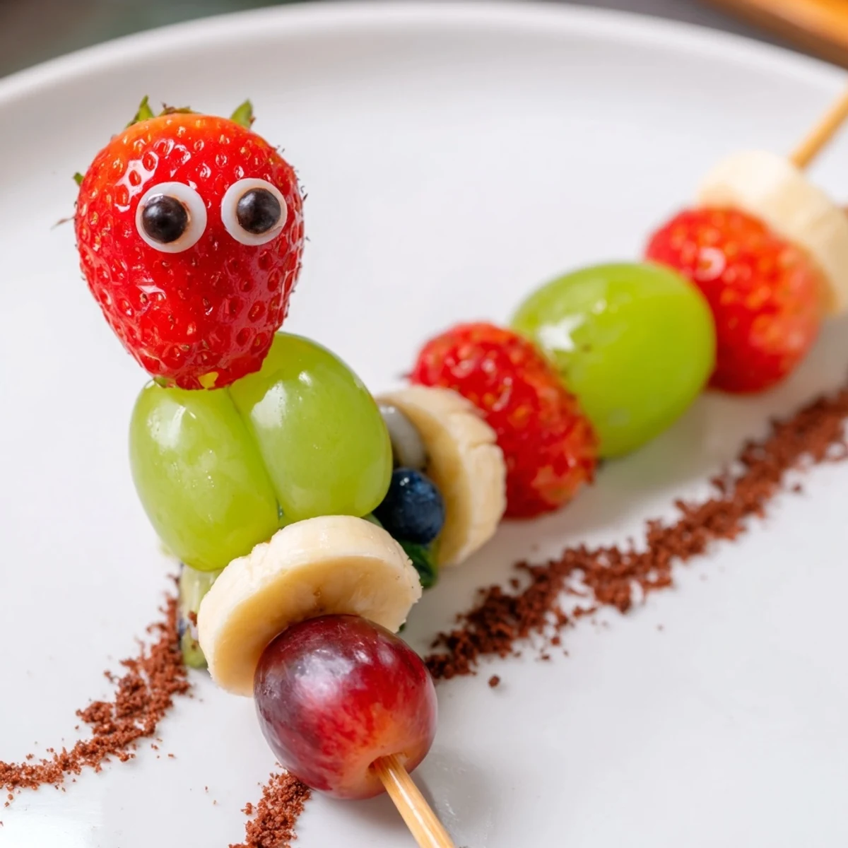 Vibrant Caterpillar Fruit Skewer Track with colorful grape bodies and a cookie crumb path.