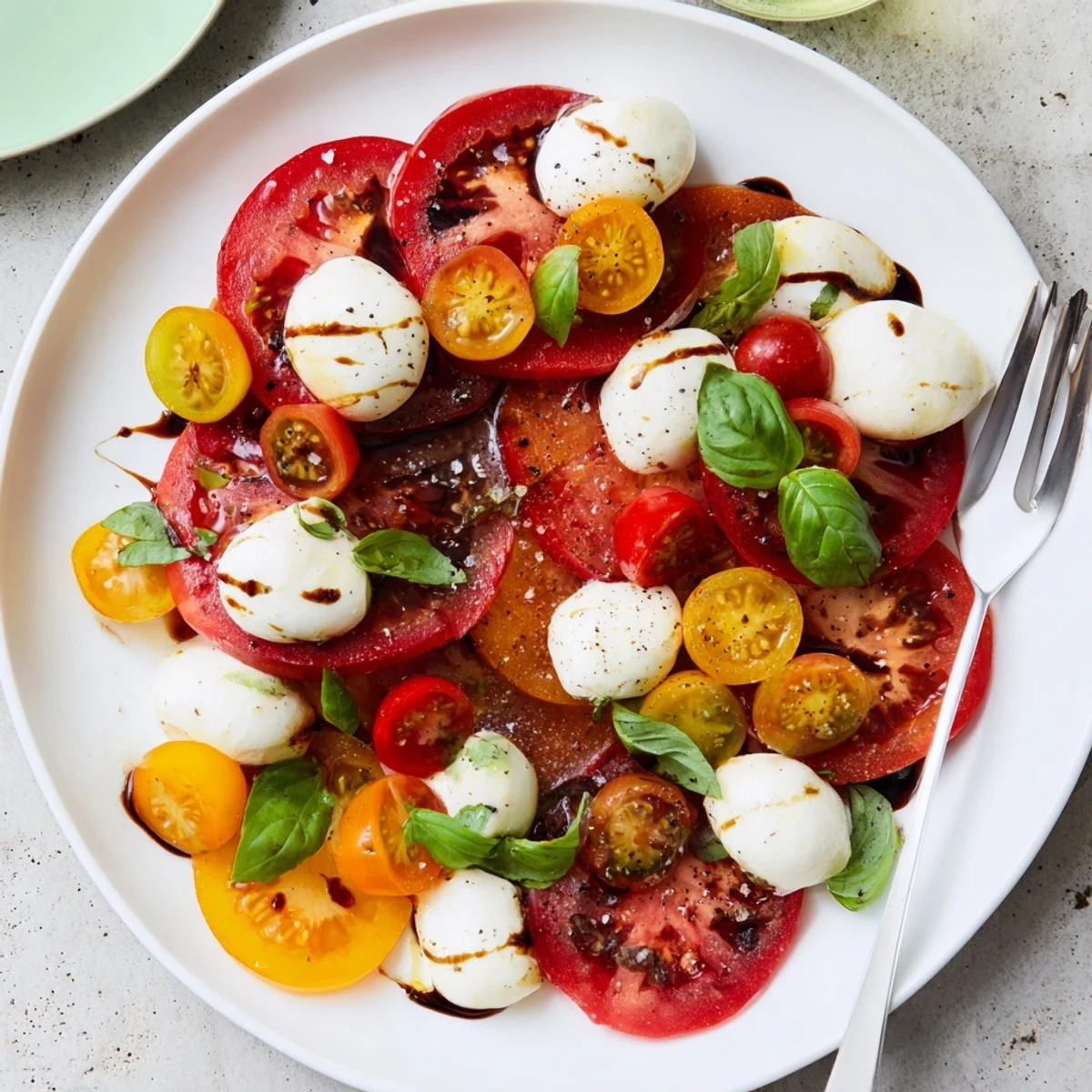 Bright, colorful Starfish Caprese Salad, a summery treat with halved cherry tomatoes and olive oil.