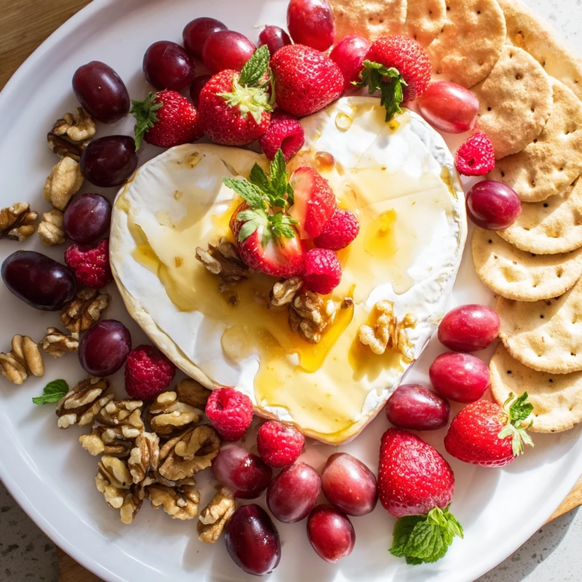 Valentine's Day Sweetheart Brie and Jam Board ready to serve with crackers, nuts, and chocolate pieces arranged.