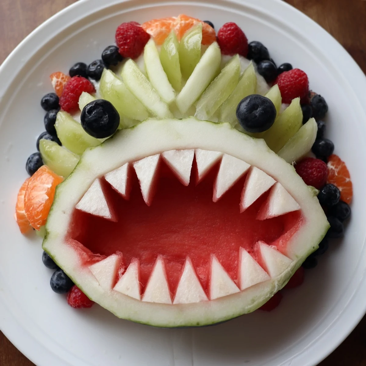 This colorful Watermelon Shark Bite Board features a carved watermelon shark filled with delightful fruit pieces.