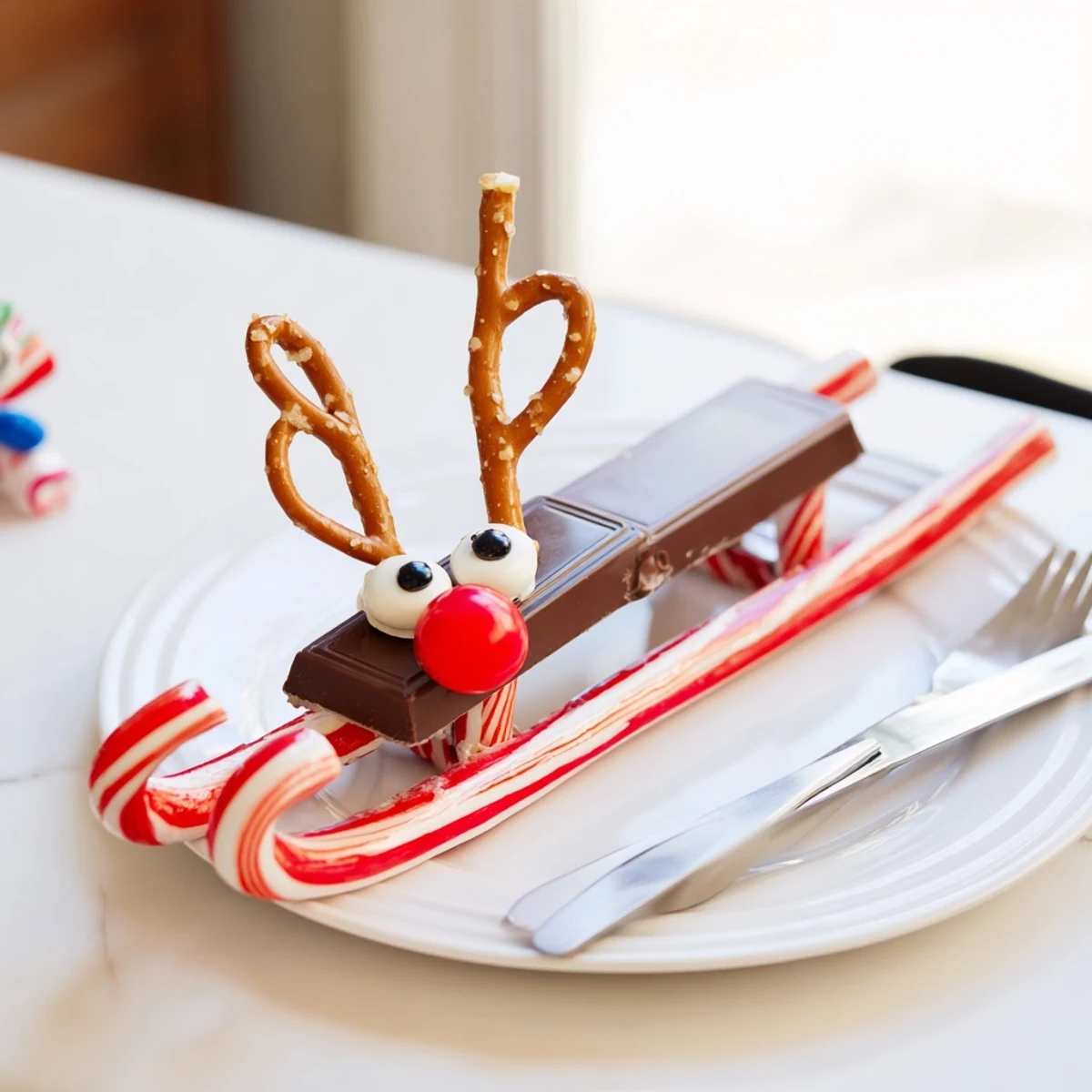 Festive Rudolph Candy Cane Sleds, a sweet treat with pretzel antlers and a red nose, ready to enjoy.