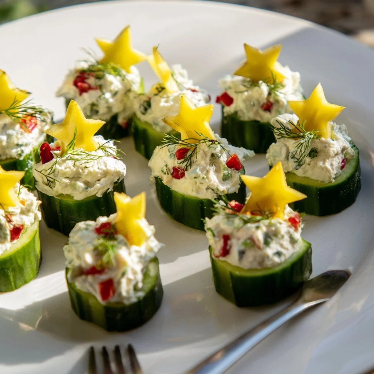 Festive Holiday Star Cucumber Bites arranged on a platter with vibrant red, yellow pepper, and fresh dill.