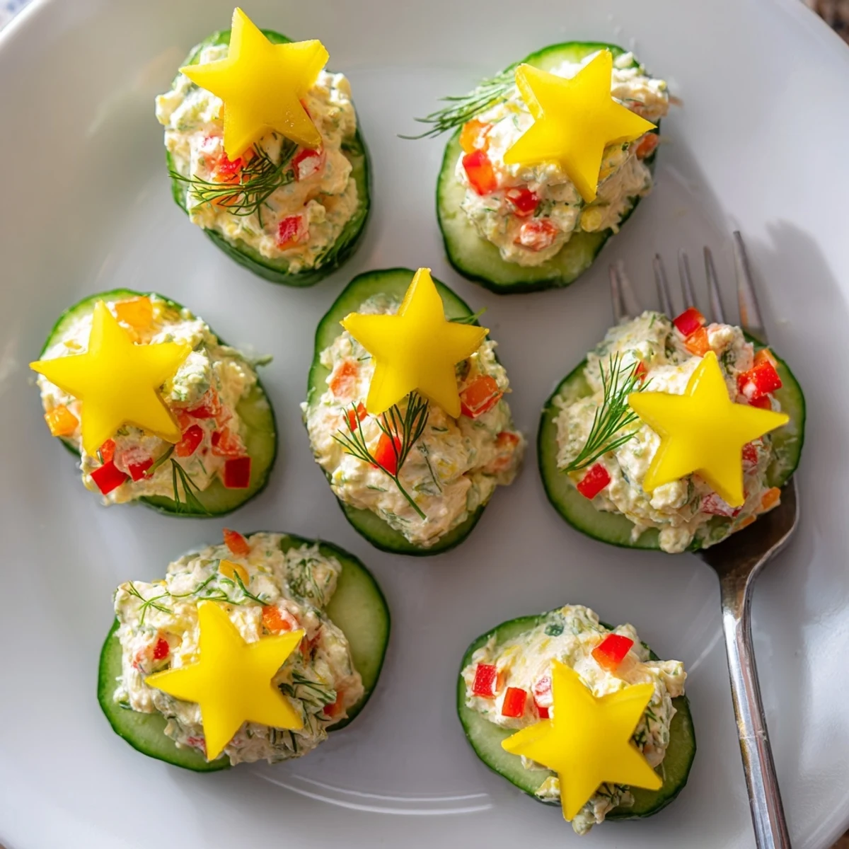 Cool, refreshing cucumber bites transformed into stars, topped with cream cheese, making perfect Holiday Star Cucumber Bites.