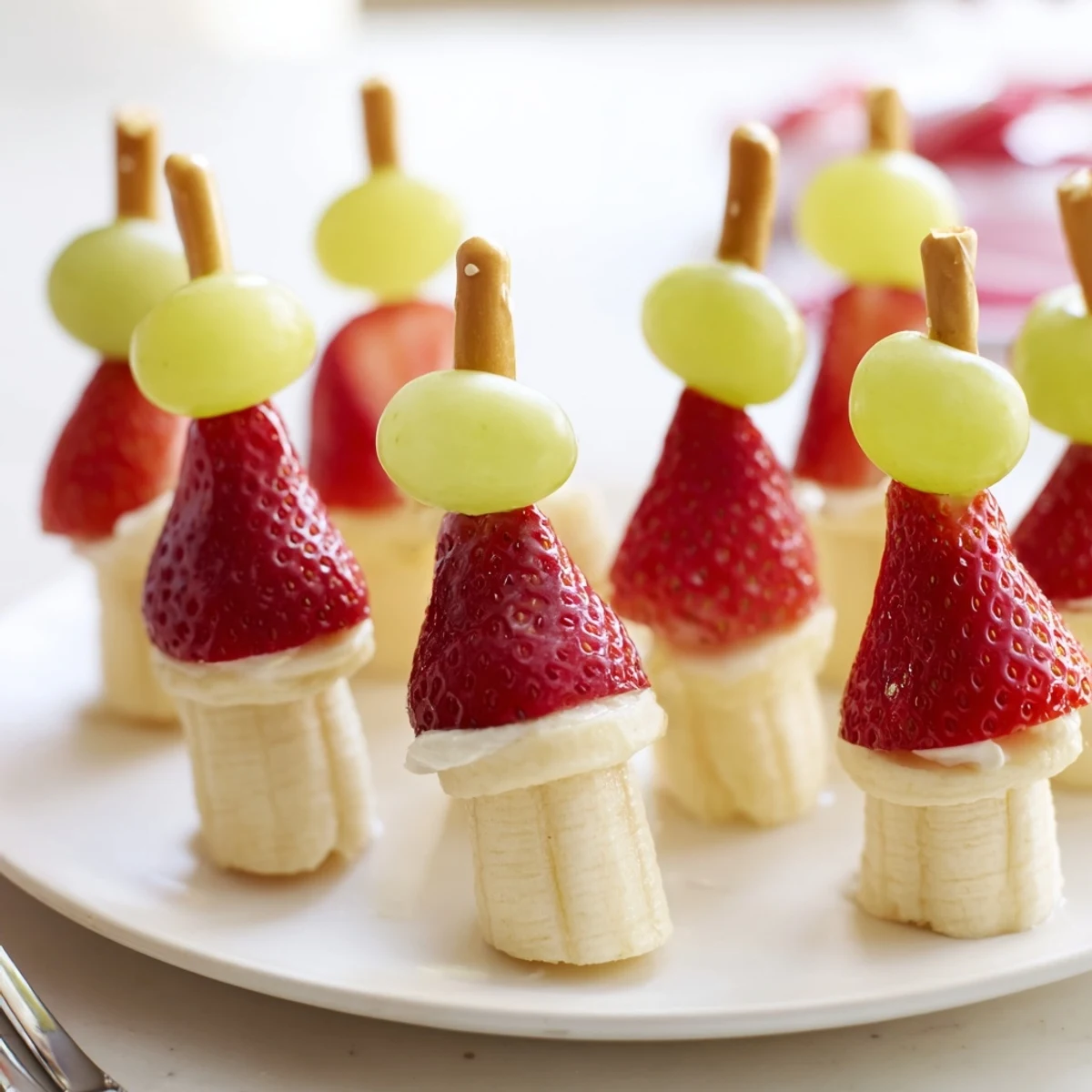 Strawberry Elf Hat Skewers boast vibrant red strawberries and green grapes, a festive treat.