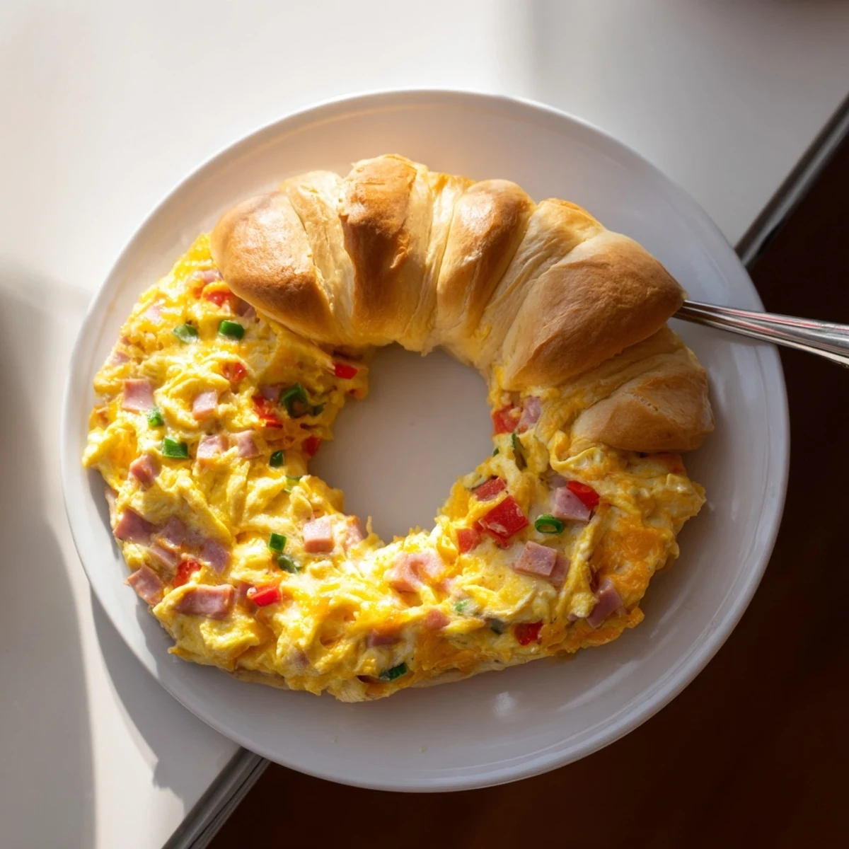 Beautiful wreath-shaped Egg and Ham Bake, featuring golden, bubbly cheese with a savory fragrance.
