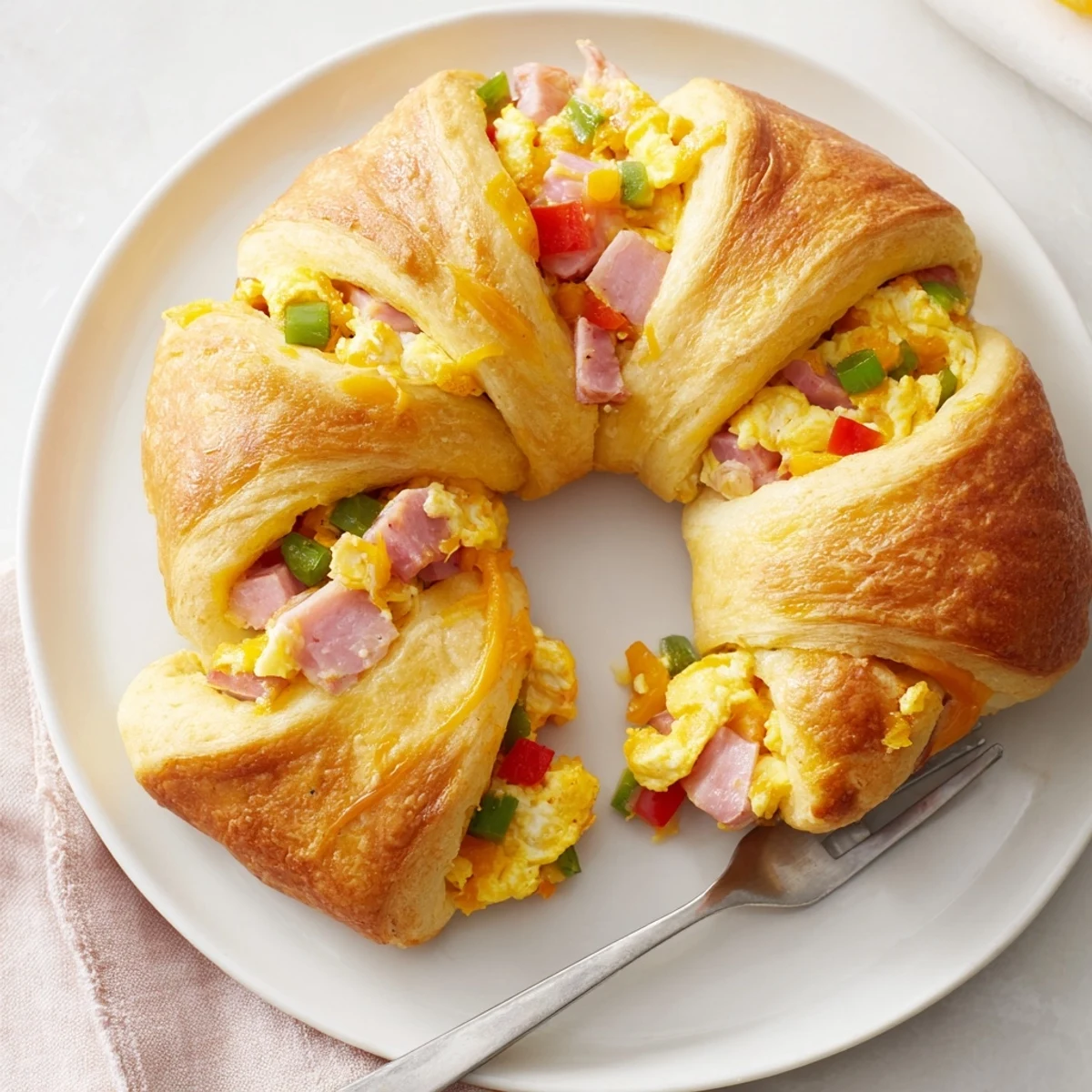 Close-up of a perfectly baked Egg and Ham Bake, showcasing fluffy eggs and a beautiful crescent roll crust.